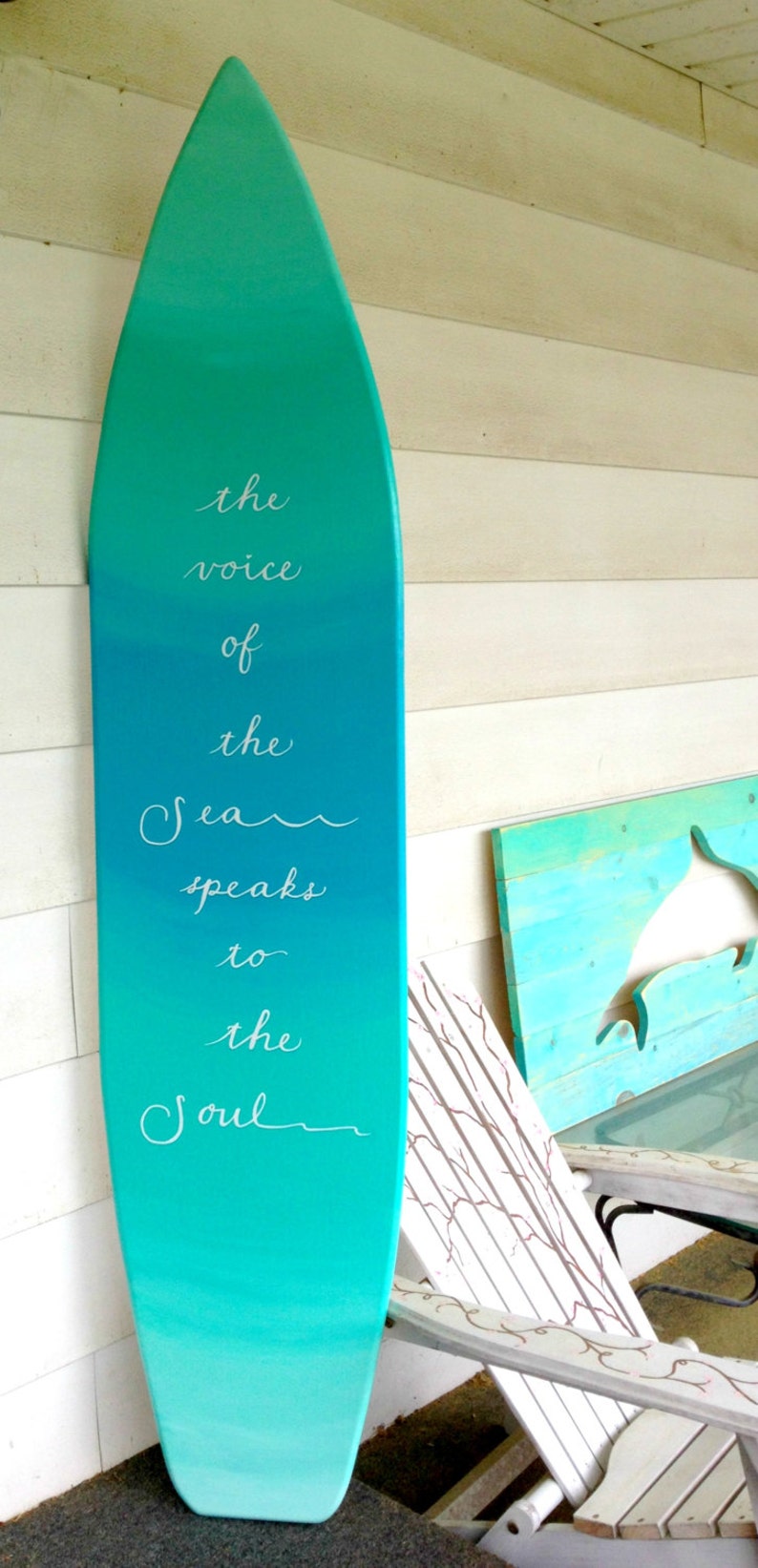 6 foot wood surfboard wall art in an light ocean ombre effect Etsy