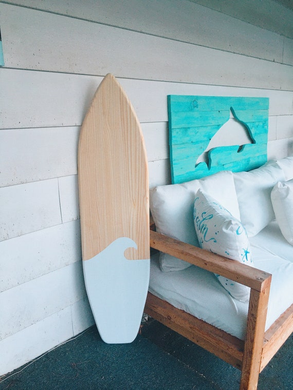 4 Foot Wood Surfboard Wall Art With Natural Blonde Pine Wood Base