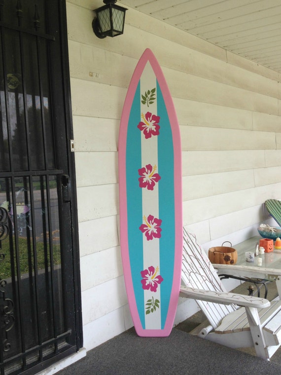 6 Foot Wood Surfboard Wall Art With Pink Aqua And White Etsy