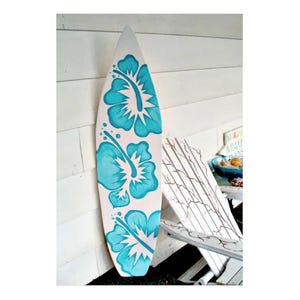 4 Foot Wood Hawaiian Surfboard Wall Art Decor or Headboard kids room sign with large hibiscus flowers
