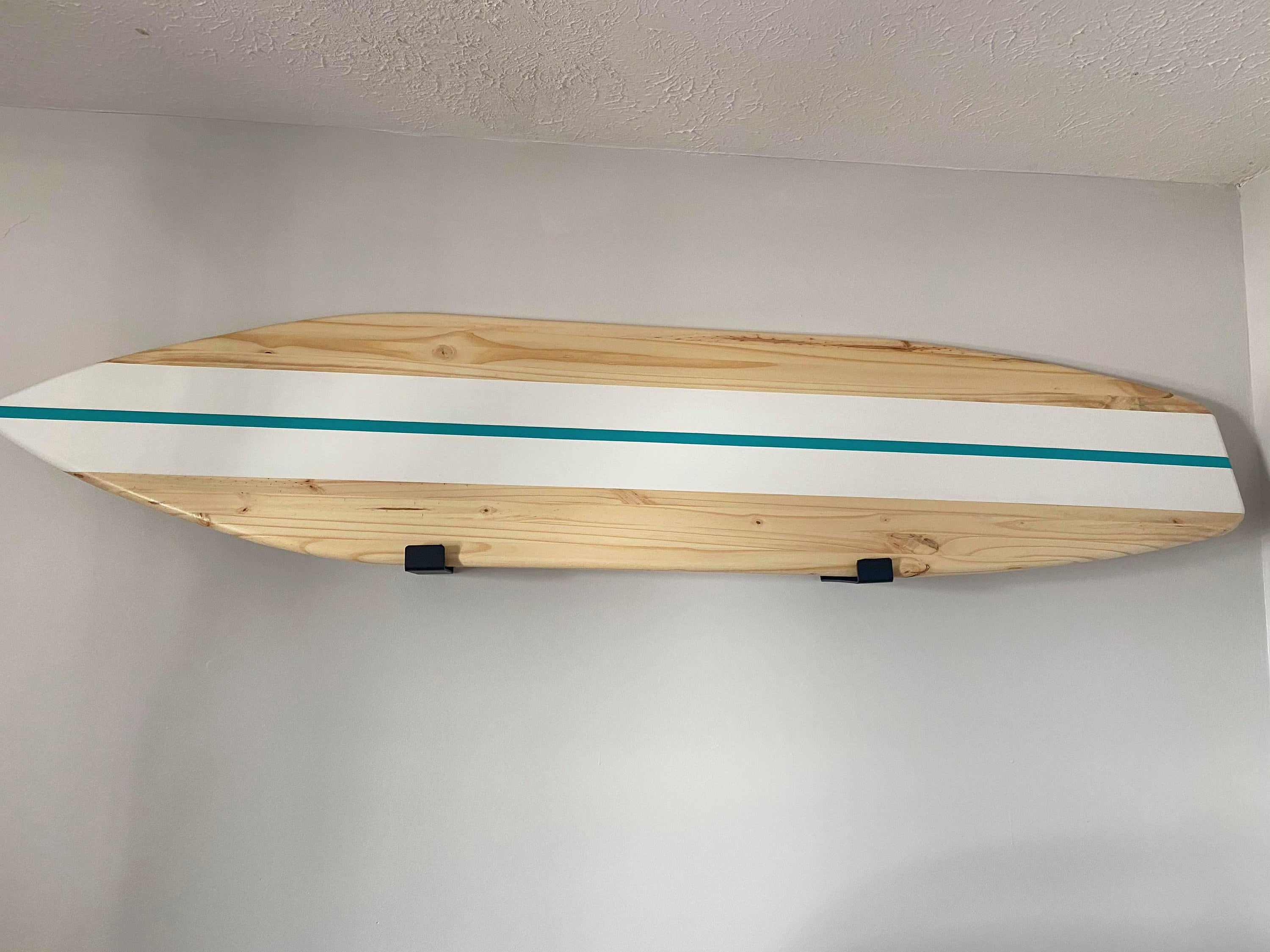 6 foot wood surfboard wall art decor with natural wood and red stripes