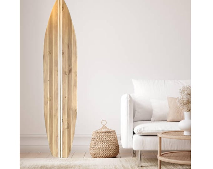 4 or 6 foot wood Surfboard wall art in Vintage Light stained stripe design