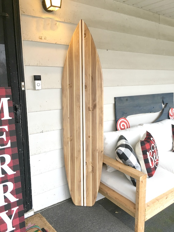 Large 6 Foot Wood Surfboard Wall Art in Vintage Stained Stripe