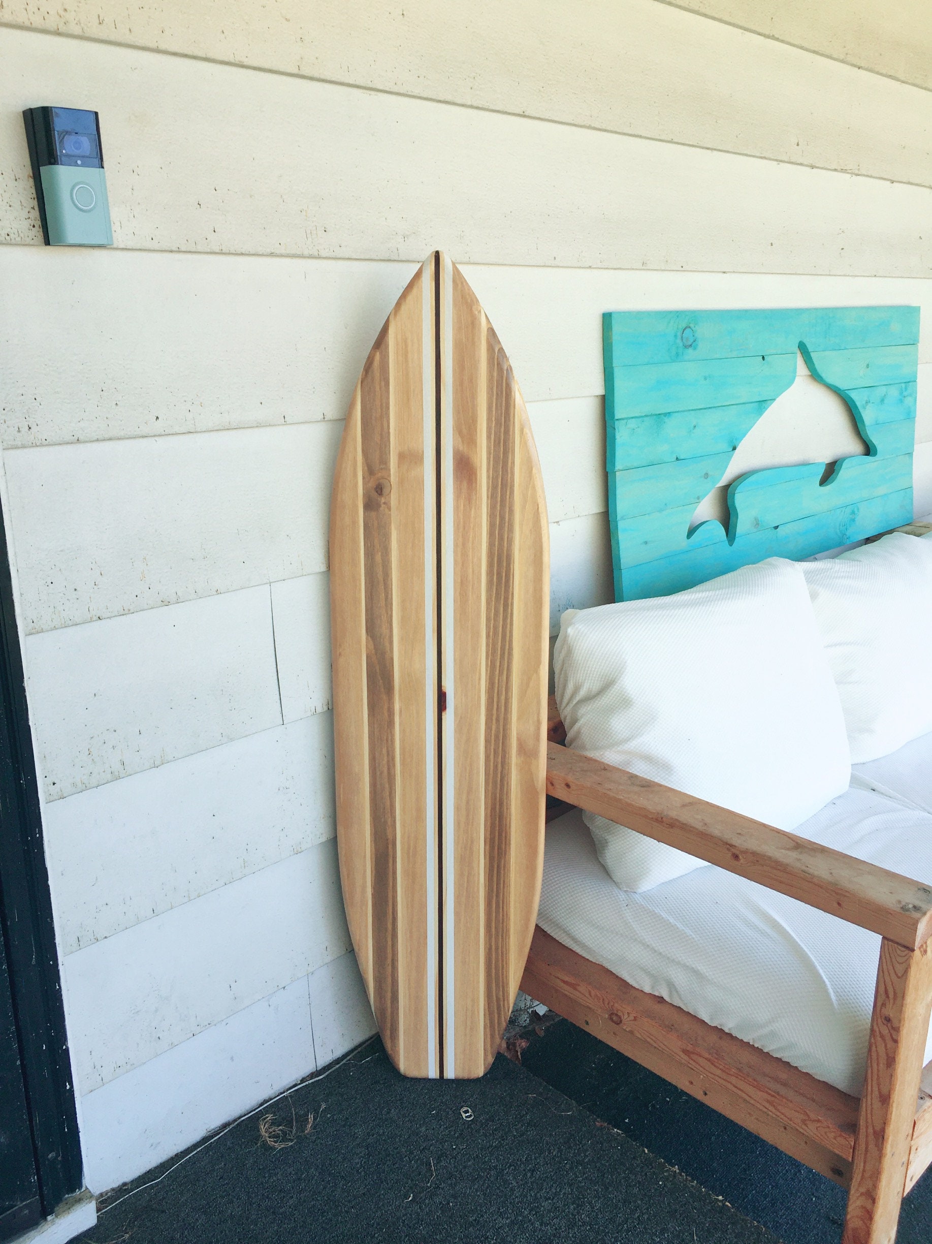 4 Foot Wood Surfboard Wall Art With Natural Stained and White picture photo pic