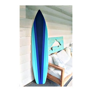 Large 6 foot wood surfboard wall art Geometric design painted in 4 shades of blue