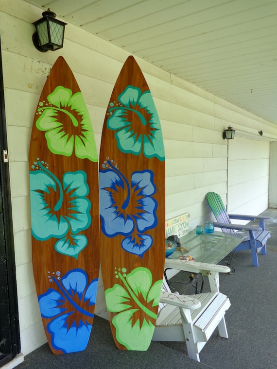 One Handpainted 6 Foot Wood Hawaiian Surfboard Wall Art Decor With