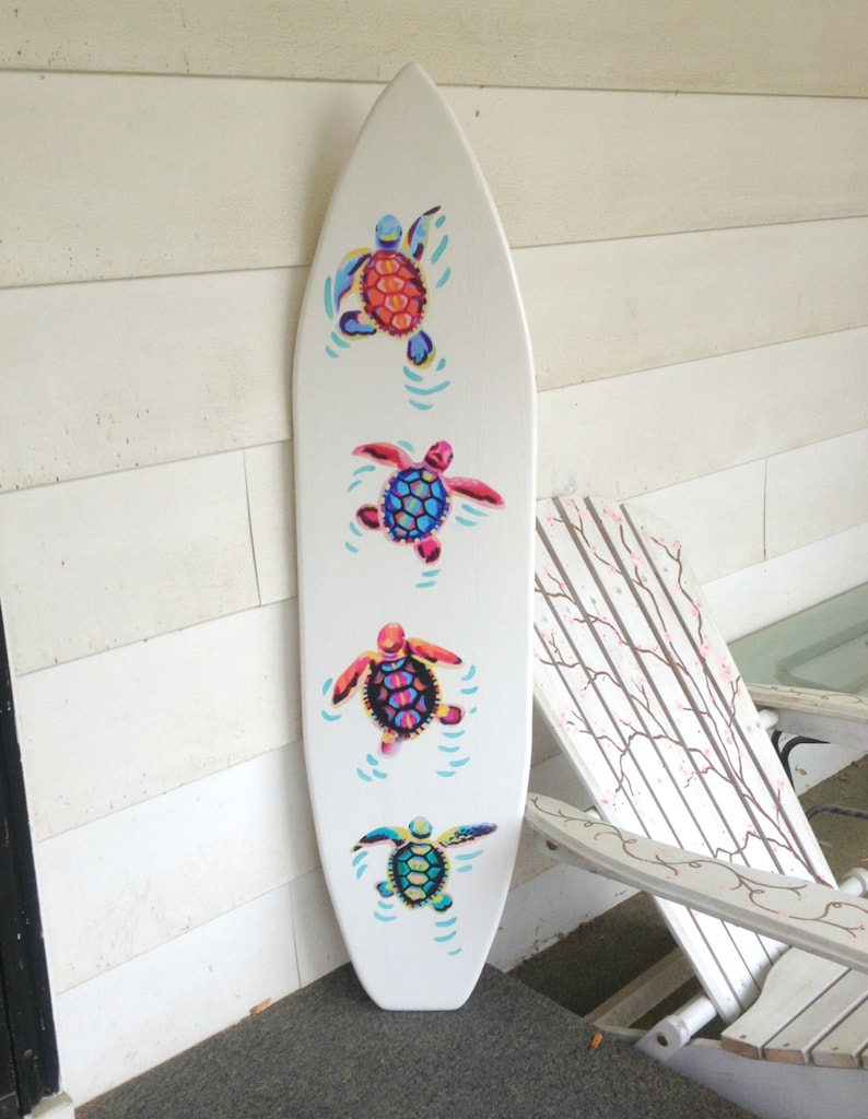 4 foot wood surfboard wall art with vinyl turtle appliques ...