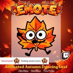 May include: A cartoon maple leaf character with large white eyes and black pupils, wearing a headset, and dancing with black stick-like arms and legs. The leaf is orange and yellow with a thick black outline, set against a background of autumn leaves.