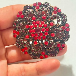 Peut inclure: Une broche ronde dotée d'une monture en filigrane de métal sombre ornée de nombreuses petites pierres circulaires rouge vif. Le motif se compose d'un groupe central de pierres entouré de volutes en métal finement travaillées.