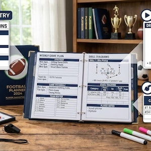May include: A football planner binder open to a weekly game plan page with sections for strategy, game schedule, team roster, drill diagrams, and stats tracking. The planner includes printed text and tables, accompanied by markers, a whistle, and a whiteboard.
