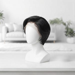 Peut inclure: Une perruque courte et dégradée de couleur noire avec une bordure frontale en dentelle naturelle, présentée sur un mannequin blanc lisse. Les cheveux sont coiffés avec une raie sur le côté et des mèches volumineuses encadrant le visage.