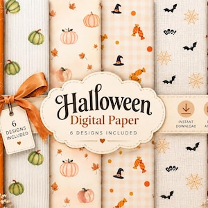 Könnte beinhalten: Sechs vertikale Streifen aus digitalem Papier mit Halloween-Motiven, darunter orangefarbene Kürbisse, grüne Kürbisse, Hexenhüte, Süßigkeiten, Fledermäuse, Spinnennetze und Herbstblätter. Ein zentrales Etikett zeigt Halloween Digital Paper.