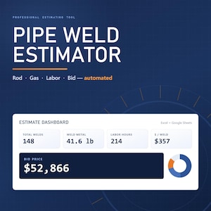 May include: A digital Pipe Weld Estimator tool interface on a dark blue background. The dashboard displays data for total welds, weld metal in pounds, labour hours, cost per weld, and a total bid price of $52,866, with a circular chart.