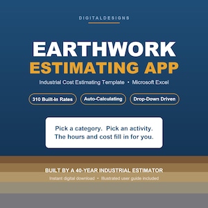 May include: A digital template for an Earthwork Estimating App in Microsoft Excel. The blue graphic features white and yellow text, including '310 Built-In Rates', 'Auto-Calculating', and 'Drop-Down Driven'. It states, 'Pick a category. Pick an activity. The hours and cost fill in for you.'
