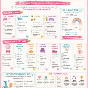 May include: A TismTastic Tasks cleaning schedule chart with a pink border, featuring daily and weekly checklists, a 10-minute reset guide, an overwhelmed list, and rules. The design includes icons, checkboxes, and text in a soft, colorful aesthetic.