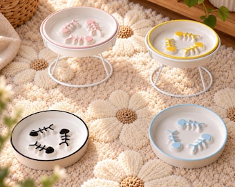 Ceramic Cat Bowl with Metal Stand, 3D Fish Design, Elevated Pet Feeder