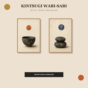 Könnte beinhalten: Ein Set aus zwei rechteckigen Wandbildern mit dem Titel KINTSUGI WABI-SABI SET OF 2 | BLACK + GOLD WALL ART. Das linke Bild zeigt eine schwarze Schale mit goldenen Rissen und einem roten Kreis. Das rechte Bild zeigt zwei gestapelte schwarze Steine.