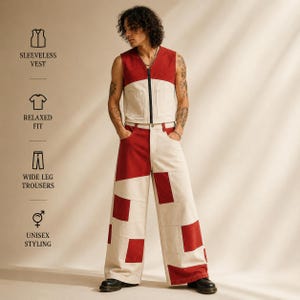 Könnte beinhalten: Ein ärmelloses Westenset und eine weit geschnittene Hose mit einem Color-Block-Design in Rot und Off-White. Die Weste hat einen Frontreißverschluss und zwei aufgesetzte Taschen. Die Hose zeigt ein Patchwork-Muster aus roten und hellen Stoffbahnen.