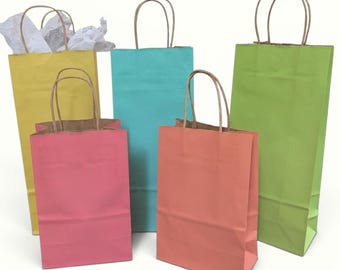 10 Kraft Gift Bags Fun Colors Blank Plain Wine Bags & Mini Tote Shoppers for Party Favors
