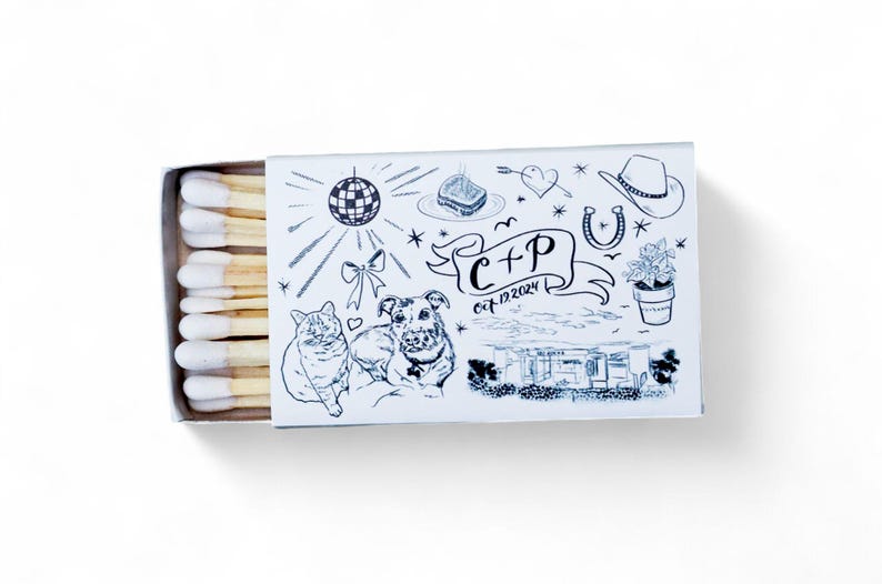 May include: A matchbox with a custom design featuring a disco ball, a cowboy hat, a horseshoe, and a drawing of a cat and a dog. The box also includes the initials "C + P" and the date "Oct 12, 2024".
