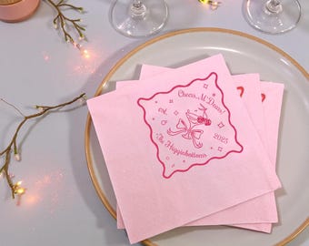Personalized Cocktail Napkins: Vintage Style Custom Party Decor Wedding Napkins Cherry Martini & Champagne Cheers