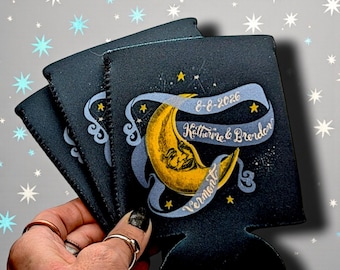Personalized Wedding Can Coolers, Custom Party Favors, Moon Vintage Design
