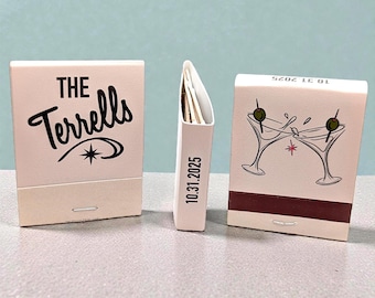 Mid-Century Modern Personalized Wedding Matchbooks: Satin-Wrapped Custom Favors