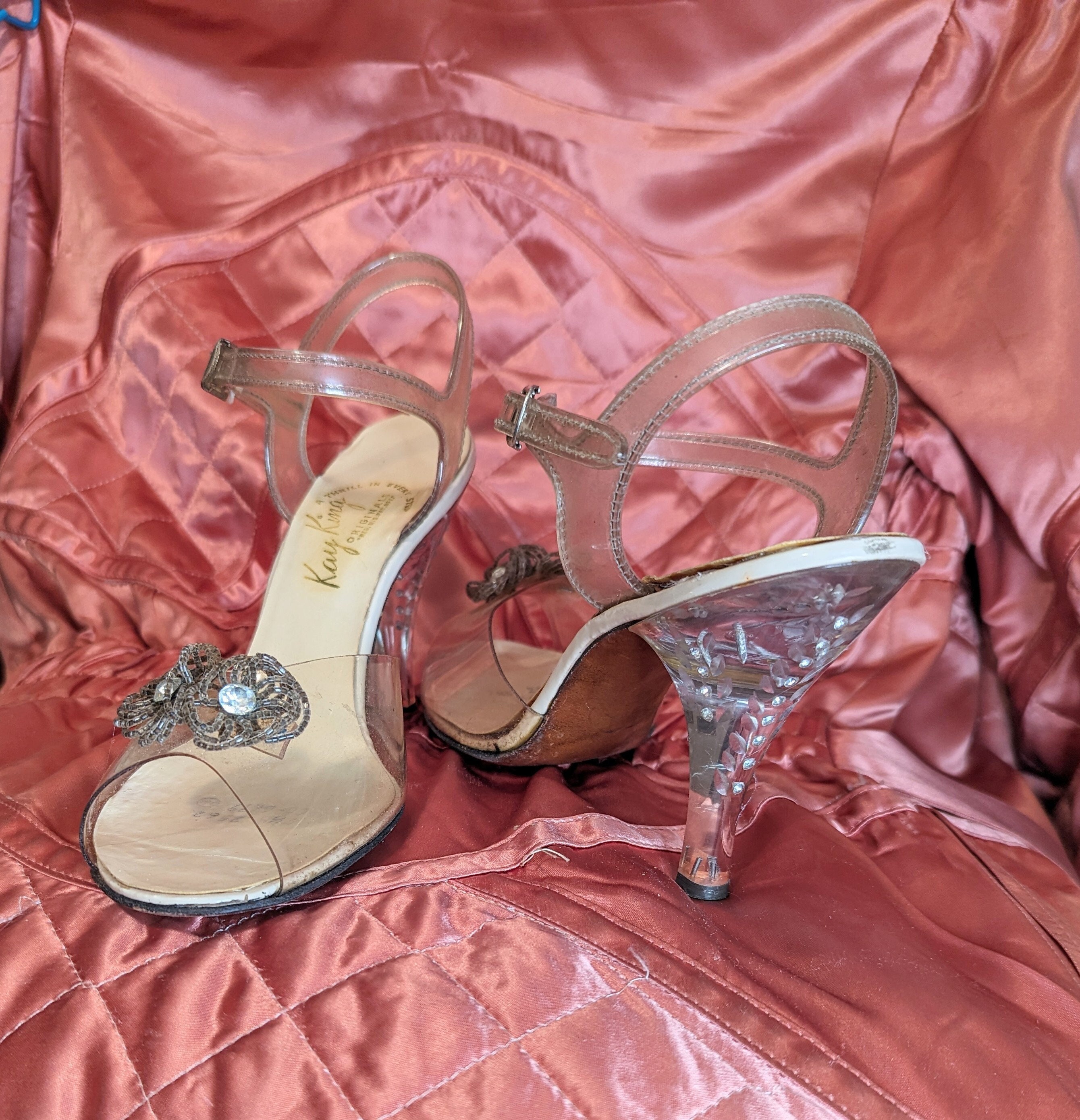 50's Heels, Lucite Rhinestones, Pink Leather, 1950's Vintage Open