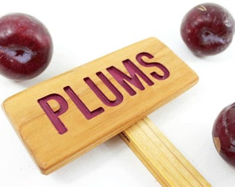 PLUMS Sign, Fruit Tree Sign, Hand Routed, Garden Sign, Orchard Marker, Yard Art, Outdoor Sign, Plant Label, Fruit Marker, Made In USA, Plums