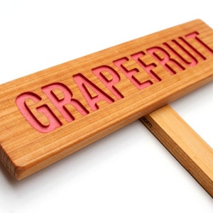 May include: A wooden sign with the word "GRAPEFRUIT" in pink lettering. The sign is attached to a wooden stick.