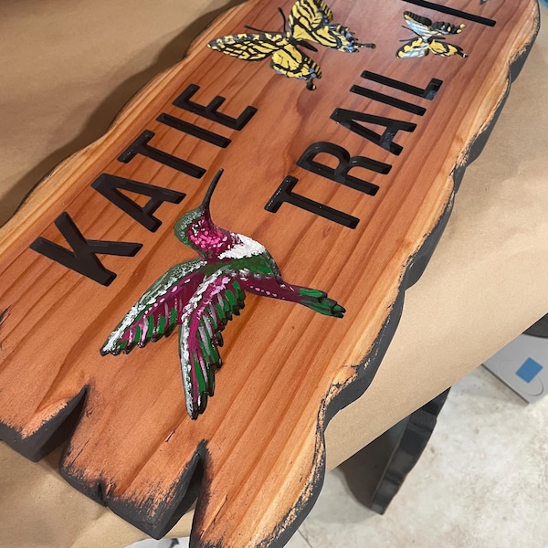 Thick Redwood Carved Trail Sign with Hand painted Artwork