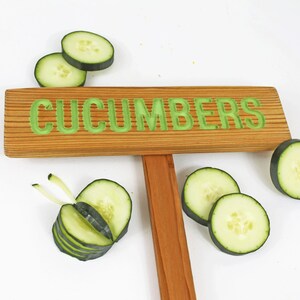 CUCUMBERS Garden Sign, Painted & Oil Sealed Cedar Wood: Hand Routed Sign, Vegetable Plant Garden Markers, Custom Garden Sign, Personalized image 2