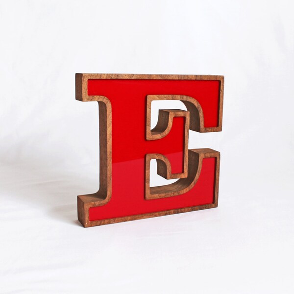 RED Letter E made from Walnut Wood, Vintage letter E, Old Sign Letter E, Plexi Faced Red E, Self Standing Letter E