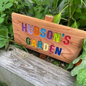 May include: A wooden garden sign with the text "HUDSON'S GARDEN" in rainbow colored letters.