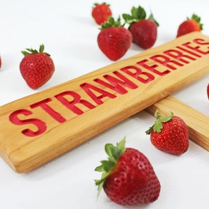 STRAWBERRIES Garden Sign, Painted & Oil Sealed Cedar Wood: Hand Routed, Red Garden Sign, Summer Fruit, Gardener Gift, Custom Garden Sign image 2