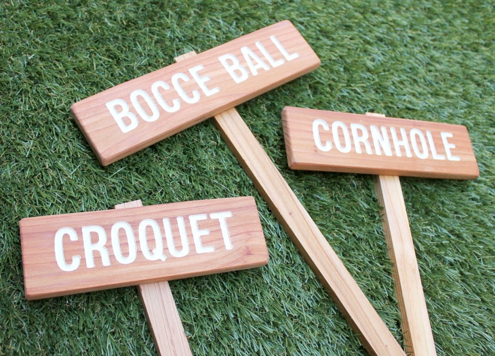 Enseignes de jeu de jardin, Enseignes de fête, Enseignes de jeu de mariage, Réunion de famille, BBQ, Boule de pétanque, Croquet, Cornhole, Fers à cheval, Jeux de pelouse, Frisbee