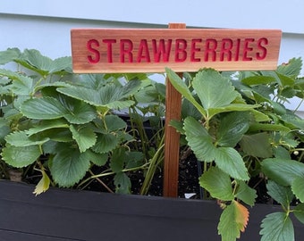 Enseigne de jardin fraises, bois de cèdre peint et scellé à l’huile: acheminé à la main, panneau de jardin rouge, fruits d’été, cadeau de jardinier, panneau de jardin personnalisé