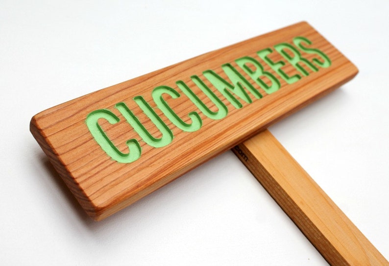 CUCUMBERS Garden Sign, Painted & Oil Sealed Cedar Wood: Hand Routed Sign, Vegetable Plant Garden Markers, Custom Garden Sign, Personalized image 1