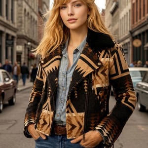Può includere: Una giacca in stile motociclista con un motivo geometrico nei toni del marrone, beige e nero, dotata di colletto in ecopelliccia nera, chiusura frontale con zip e maniche lunghe. La giacca è indossata sopra una camicia azzurra abbottonata.