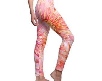 Bold Spring Floral Print Women's Casual Leggings -Unique Photo Graphic Design -Colorful Chrysanthemum Flowers Petals Vibrant Pink & Yellow