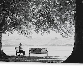 The Bench Man -Elderly Man Sitting On Park Bench -Fine Art Black And White Photography - Home Decor -Canvas Gallery Wrap -Wall Art