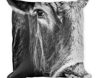 Cow Pillow -Square Decorative Throw Pillow With Black & White Cow Art Photograph -Unique Gift Idea For Animal Lovers - Farm House Home Decor