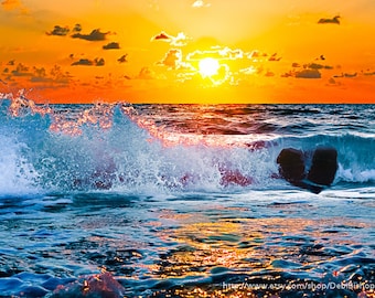 Sea Of Love -Sunset Surf Heart Splash Waves -Florida Gulf Coast Ocean Beach Sky -Canvas Gallery Wrap Home Decor Wall Art -Blue Orange Yellow