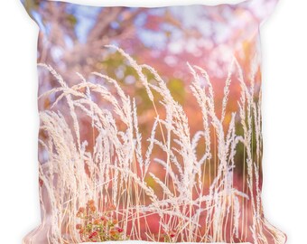 Square Designer Decorative Pillow With Garden Nature Print of Beautiful Ornamental Grass and Pretty Bokeh -18" x 18"
