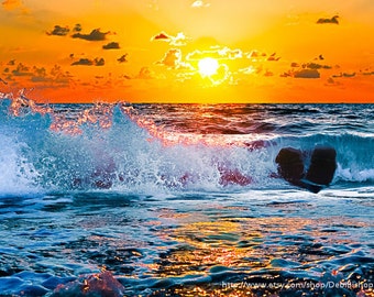 Ocean Waves Sunset -Florida Gulf Coast Beach -Fine Art Photograph -Home Decor Wall Art - Colorful Orange & Blue Surf Water