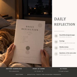 May include: A white Daily Reflection journal cover with black text, featuring a table of contents with sections for getting started, daily pages, weeks, prompts, longer view, and notes. The cover includes a space for ownership and the brand name Grittory.