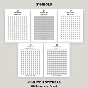 Könnte beinhalten: Fünf Bögen mit schwarz-weißen Mini-Icon-Aufklebern mit der Aufschrift PAPIER PLANS. Jeder Bogen enthält 120 Aufkleber mit Pfeilen, Herzen, Sternen, Fragezeichen oder Verbotssymbolen. Der Text lautet SYMBOLS, MINI ICON STICKERS und 120 Stickers per Sheet.