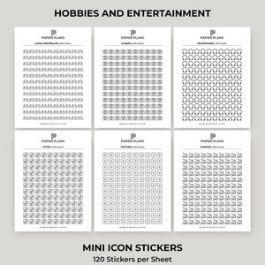 Op de afbeelding: Zes vellen met zwart-witte mini-icoonstickers met de titels HOBBIES AND ENTERTAINMENT en MINI ICON STICKERS 120 Stickers per Sheet. Elk vel bevat 120 kleine iconen, waaronder gamecontrollers, camera's, koptelefoons, TikTok-logo's, YouTube-afspeelknoppen en kampeertenten.