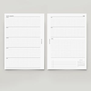 Op de afbeelding: Een tweepaginas weekplanner-indeling op wit papier met zwarte rasterlijnen. De linkerpagina toont 27 juli tot 2 augustus 2026 met dagelijkse rastersecties. De rechterpagina bevat weekendrasters, een notitiesectie en een kleine kalender.