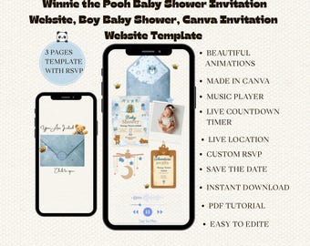 Winnie the Pooh Baby Shower Website | Bear Theme Canva Invitation Template  | Digital Download.